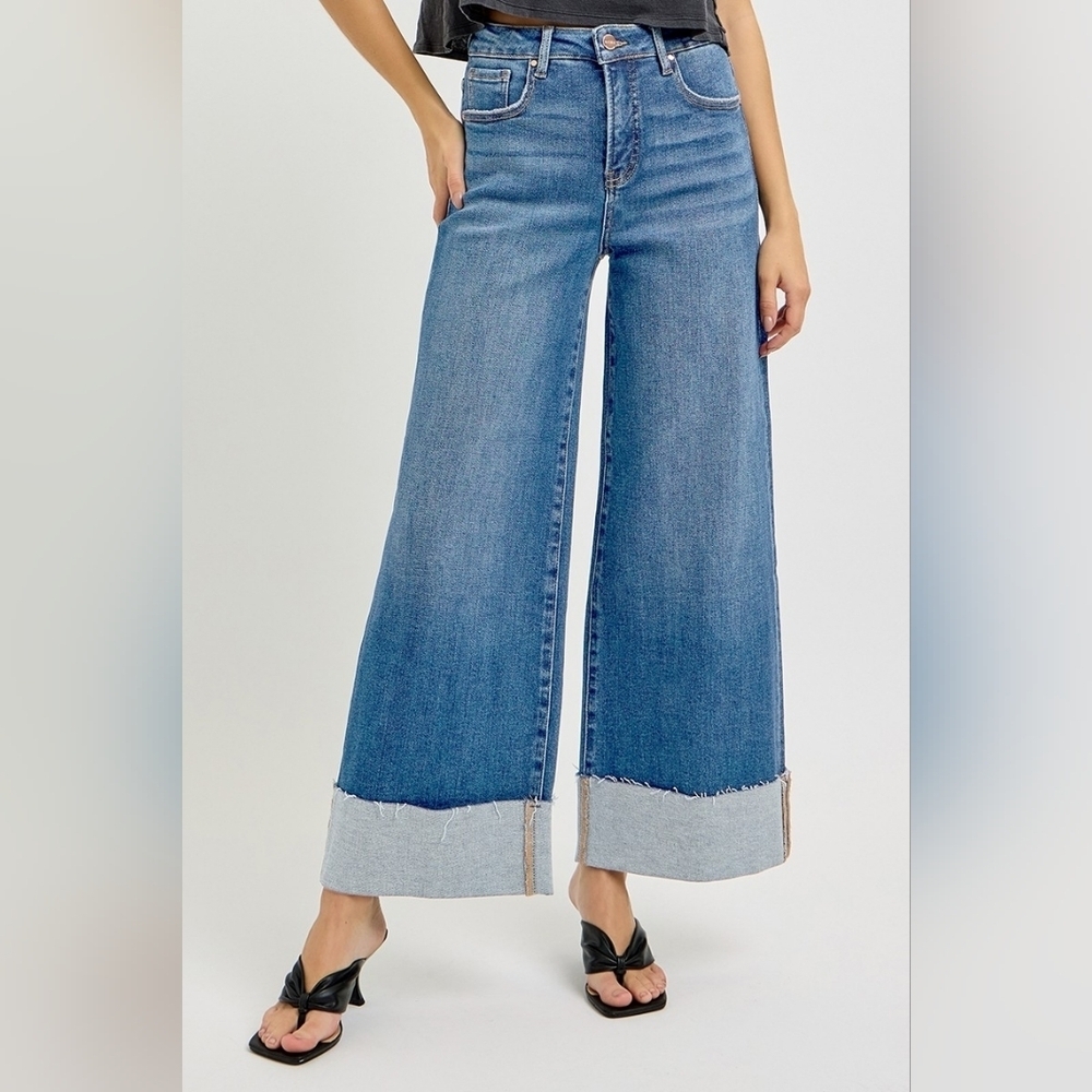 Risen HR Tummy Control Medium Wash Wide Leg Cuffed Denim Jeans Various NEW - Picture 4 of 7